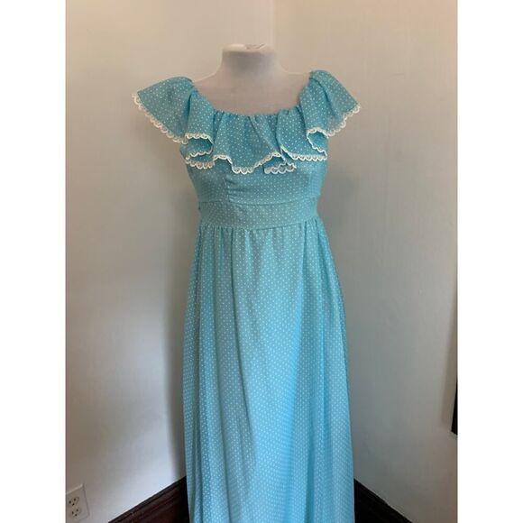 VTG 70s Boho Maxi Dress Blue Polka Dot Prairie Country Ruffle Gunne Handmade - Picture 3 of 16